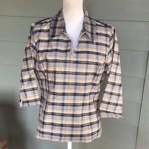 Anne Carson Gold Plaid Thin Zip Up Silk Jacket